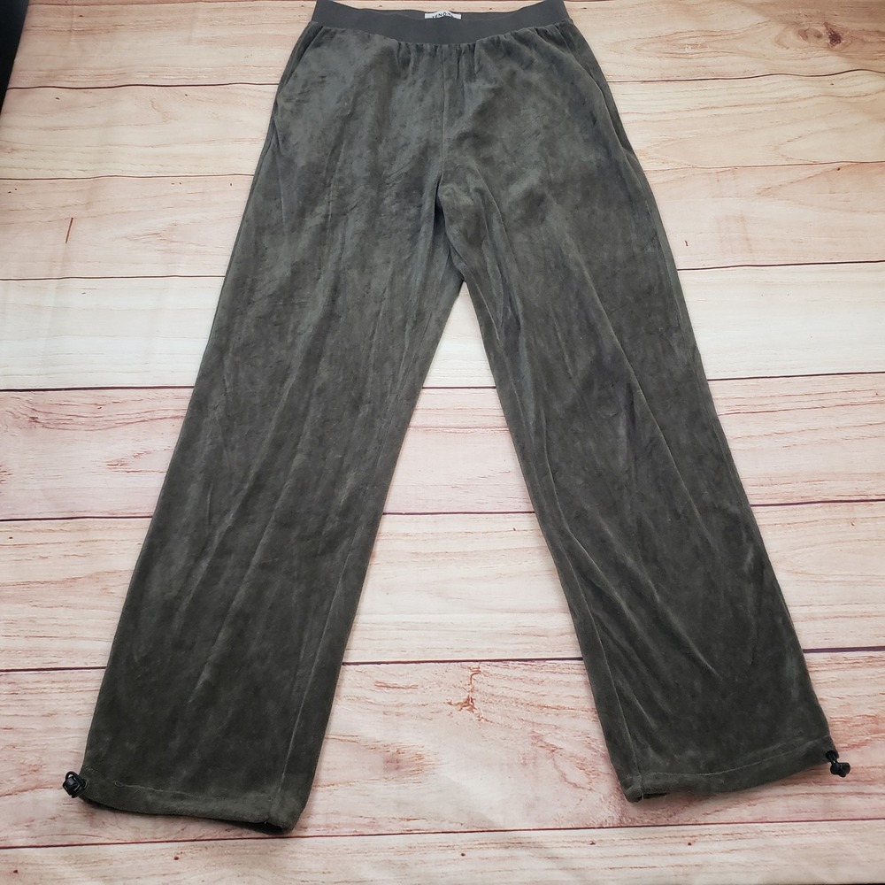 Tenore Womens Velour Wide Leg Lounge Pants Womens M Olive Green Adjustable Cuffs